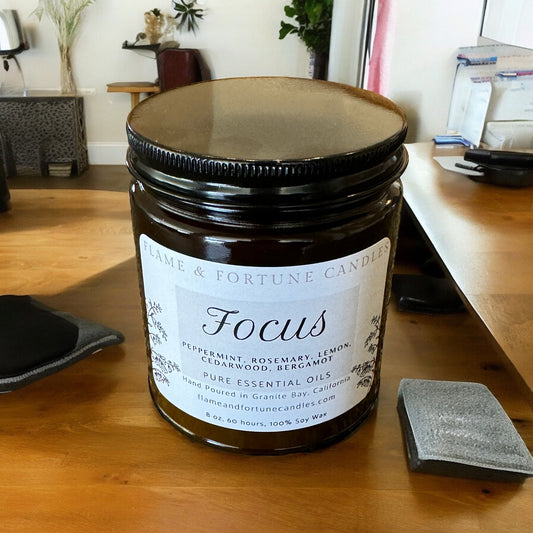 Focus Essential Oil Candle - Soy Wax for Concentration & Clarity, 8 oz